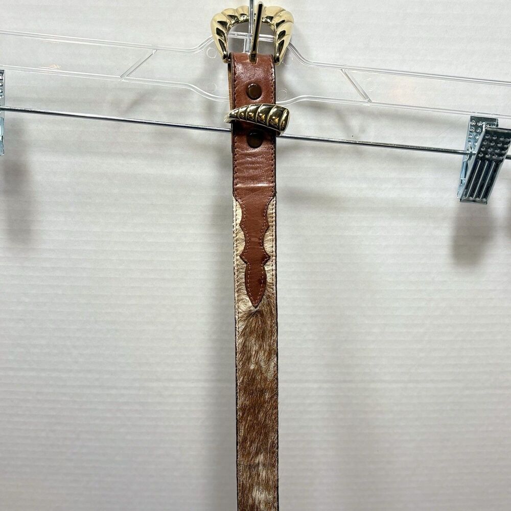 Vtg Tony Lama Hair On Cowhide Leather Western Belt Gold Hardware 32 USA Made